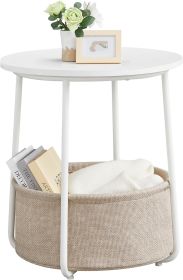 Small Round Side End Table, Modern Nightstand with Fabric Basket, Matte White and Camel Brown