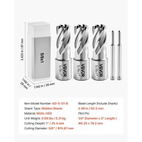 Annular Cutter Set, 5 Pcs Weldon Shank Mag Drill Bits Kit, 1" Cutting Depth, 5/8" Cutting Diameter, HSS, 3 Drill Bits With 2 Pilot Pins And 3 Pla (Option: Black)