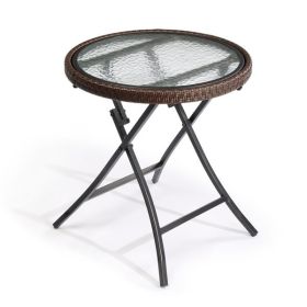 Outdoor Side Table, Round Rattan Patio Side Table, Small Foldable Wicker Table with Tempered Glass Table Top for Lawn Garden Balcony Porch Deck P (title: default title)